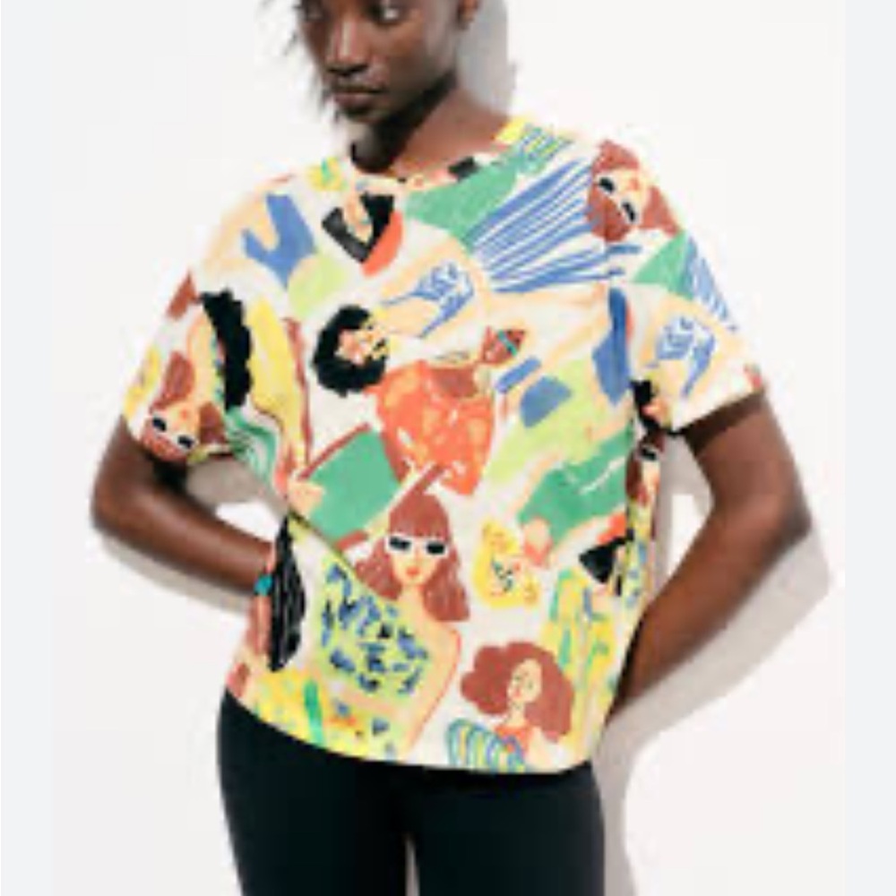 Zara multicolor all over international women face print Short Sleeve Tee S